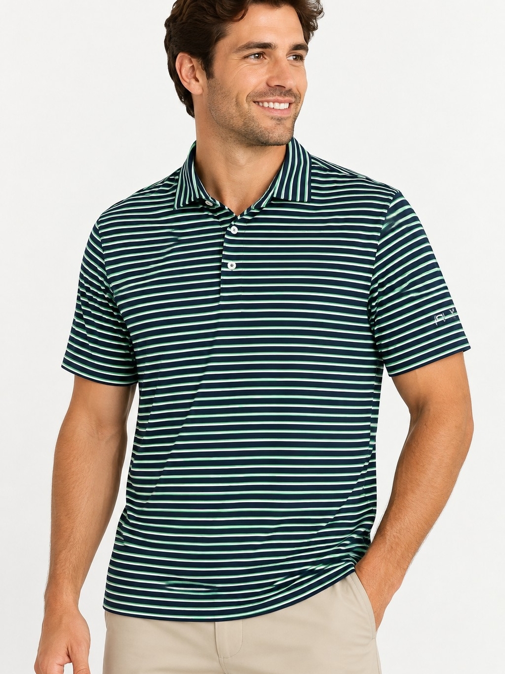 RLX Ralph Lauren Men's L Wicking Golf Polo Navy Green White Striped Performance